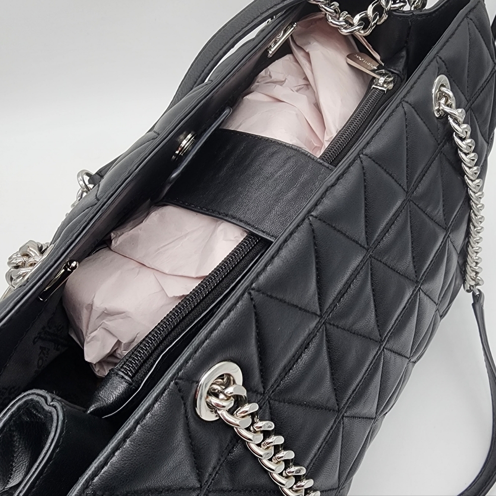 Michael Kors Black Quilted Leather Shoulder Tote with Silver Chain - Picture 12 of 16